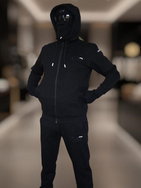Premium black tracksuit EA7 Emporio Armani with white embroidered logo - designer casual sportswear